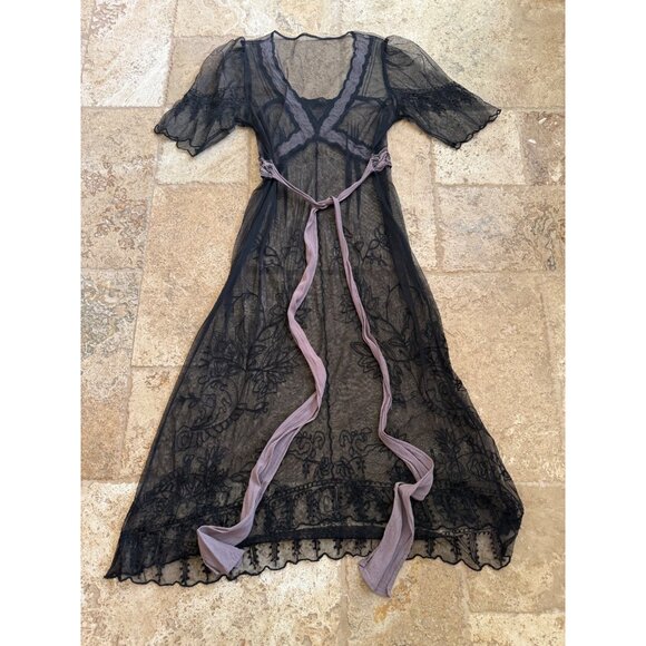 Vintage Y2K Black Chiffon Lingerie Slip Gown With Pink Floral Embroidery & Sheer - Picture 5 of 8
